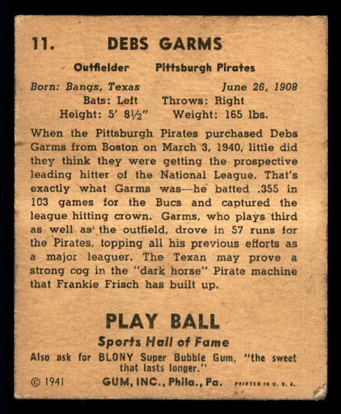 1941 Play Ball #011 Debs Garms Pirates VG-EX 533725