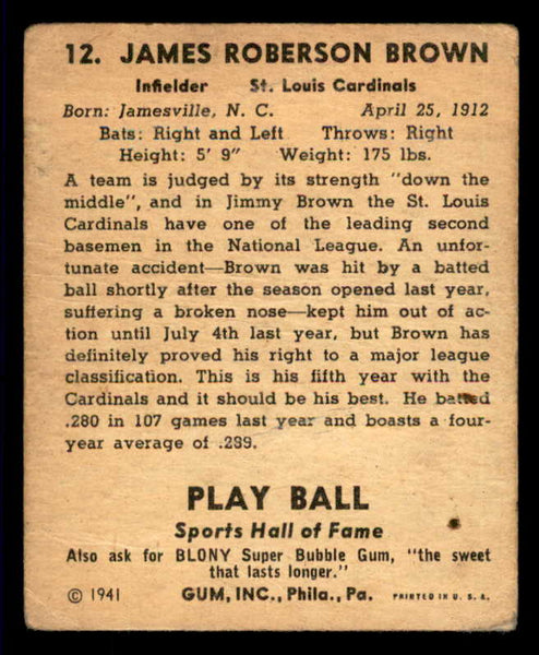 1941 Play Ball #012 Jimmy Brown Cardinals FR-GD 533727