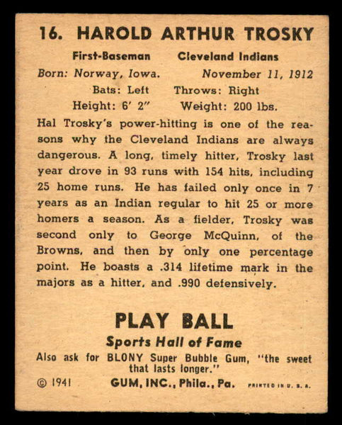 1941 Play Ball #016 Hal Trosky Indians VG 533729