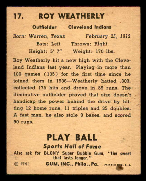 1941 Play Ball #017 Roy Weatherly Indians VG-EX 533730