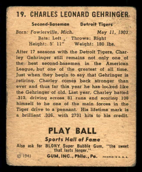1941 Play Ball #019 Charlie Gehringer Tigers FR-GD/GD 533731