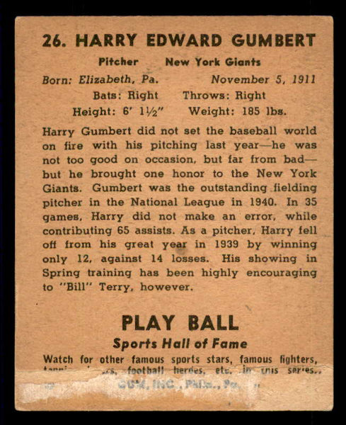 1941 Play Ball #026 Harry Gumbert Giants Good back damage 533739