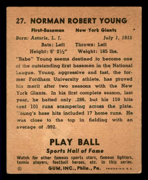 1941 Play Ball #027 Babe Young Giants VG-EX 533740