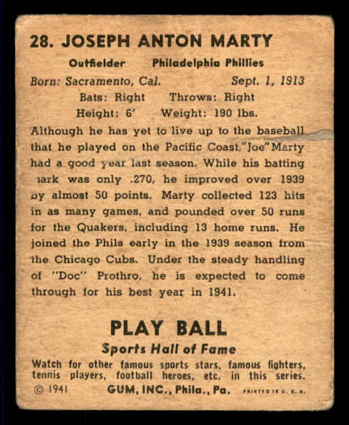 1941 Play Ball #028 Joe Marty Phillies PR-FR 533743