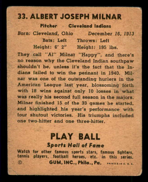 1941 Play Ball #033 Al Milnar Indians VG 533750