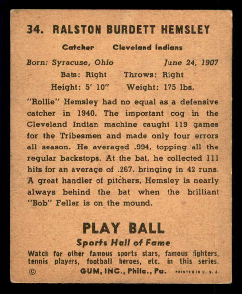 1941 Play Ball #034 Rollie Hemsley Indians VG-EX/EX 533751