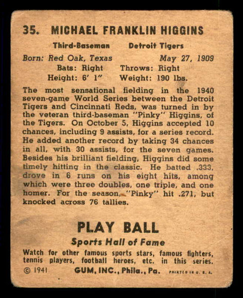1941 Play Ball #035 Pinky Higgins Tigers Good 533753