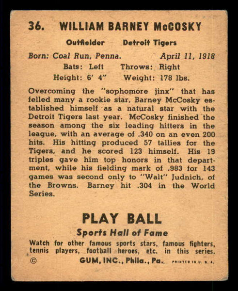 1941 Play Ball #036 Barney Mccosky Tigers VG-EX 533754
