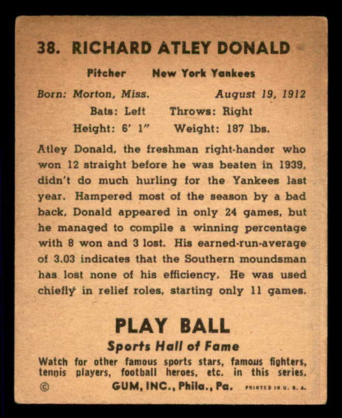 1941 Play Ball #038 Atley Donald Yankees VG-EX 533757