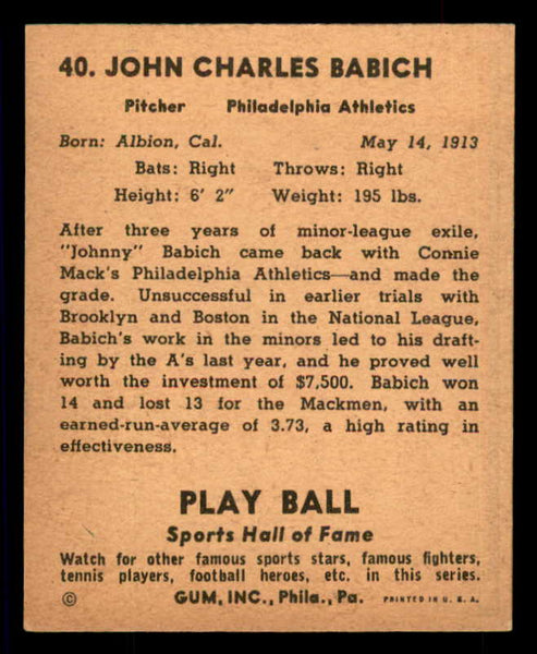 1941 Play Ball #040 Johnny Babich A's EX+/EX-MT 533758