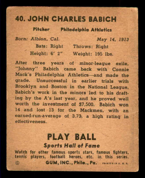 1941 Play Ball #040 Johnny Babich A's Good 533759