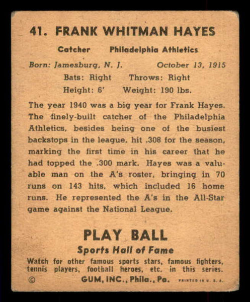 1941 Play Ball #041 Frankie Hayes A's VG/VG-EX 533760