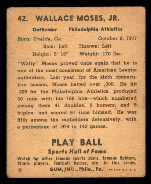 1941 Play Ball #042 Wally Moses A's VG 533762
