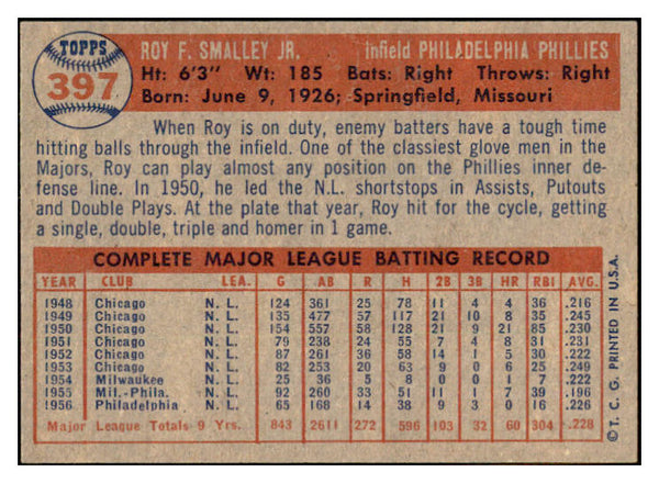 1957 Topps Baseball #397 Roy Smalley Phillies EX-MT 533796