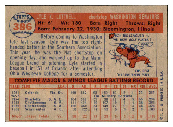1957 Topps Baseball #386 Lyle Luttrell Senators EX-MT 533806