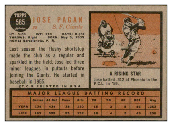 1962 Topps Baseball #565 Jose Pagan Giants EX-MT 533819