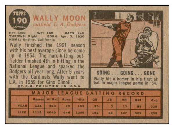 1962 Topps Baseball #190 Wally Moon Dodgers EX-MT/NR-MT Variation 533827