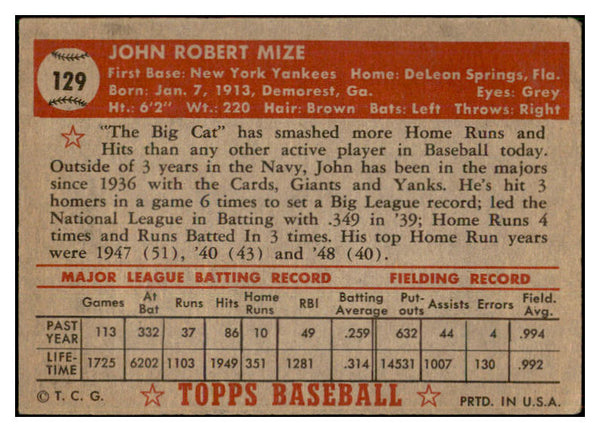1952 Topps Baseball #129 Johnny Mize Yankees VG 533834
