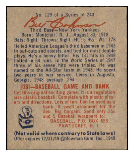 1949 Bowman Baseball #129 Bill Johnson Yankees EX-MT 533849