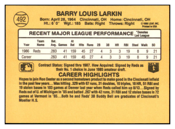 1987 Donruss #492 Barry Larkin Reds NR-MT 533873