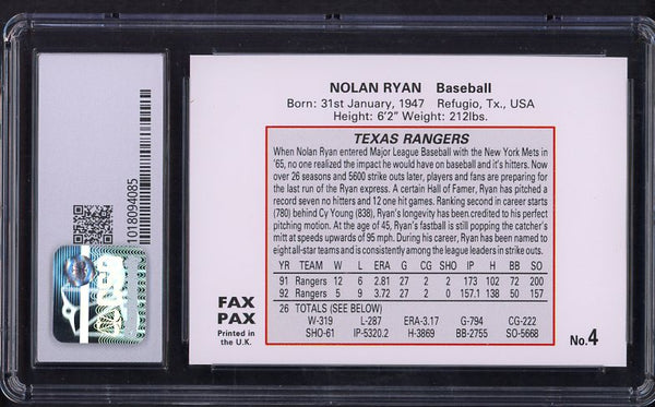 1993 Fax Pax #004 Nolan Ryan Rangers CSG 9 MINT 534037