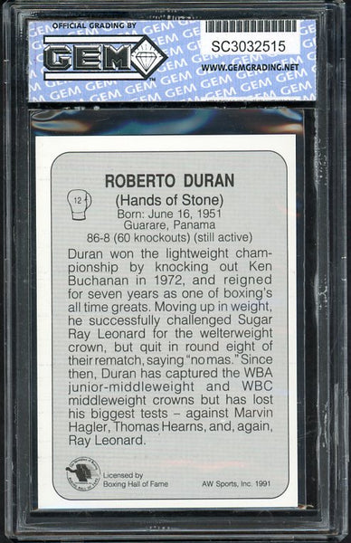 1991 All World #012 Roberto Duran Boxer GGI 10 GEM MINT 534084