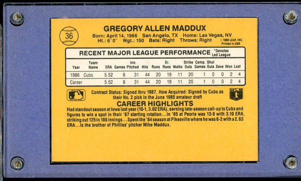 1987 Donruss #036 Greg Maddux Cubs CPG 10 GEM MINT 534090