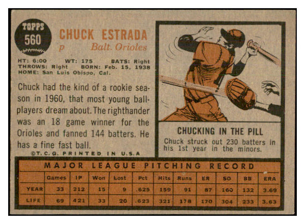 1962 Topps Baseball #560 Chuck Estrada Orioles EX-MT 534203
