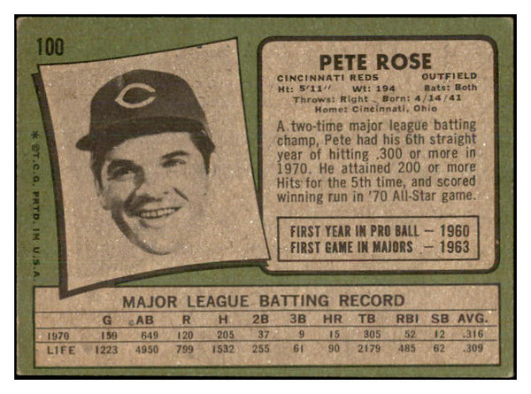 1971 Topps Baseball #100 Pete Rose Reds VG 534253