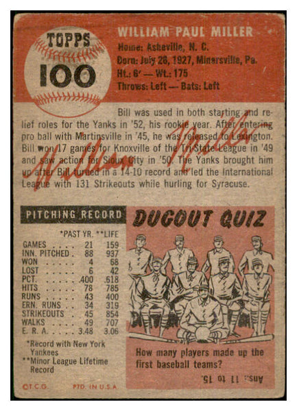 1953 Topps Baseball #100 Bill Miller Yankees VG 534298
