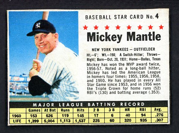 1961 Post Baseball #004 Mickey Mantle Yankees EX+ 534301