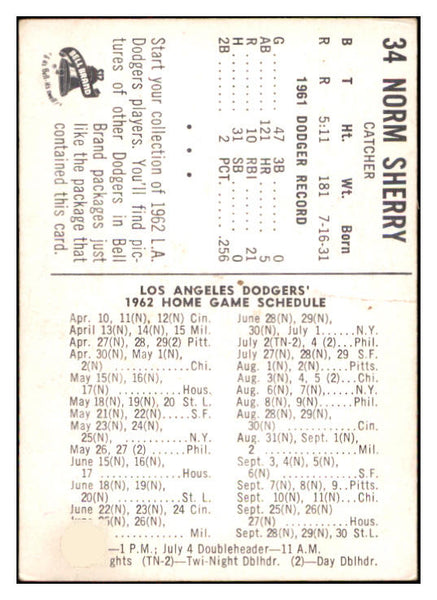 1962 Bell Brand #034 Norm Sherry Dodgers PR-FR 534367