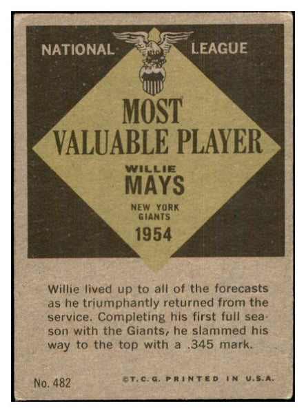 1961 Topps Baseball #482 Willie Mays MVP Giants VG-EX 534467