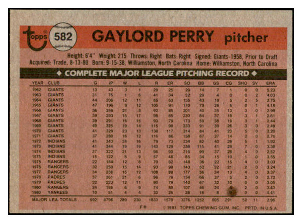 1981 Topps #582 Gaylord Perry Yankees Signed Autographed 534575