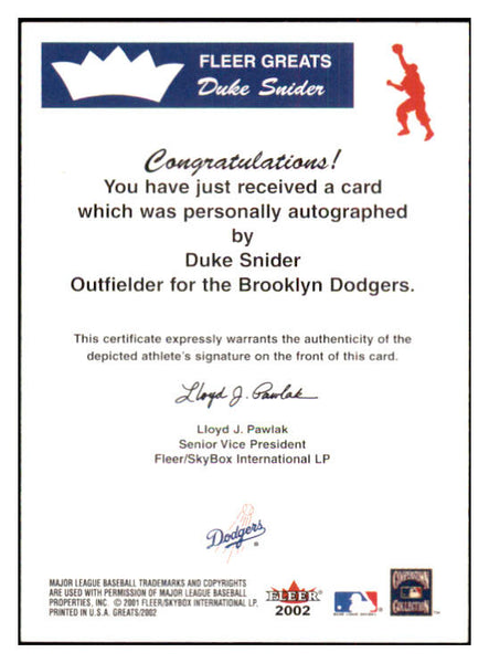 2001 Fleer Greats Duke Snider Dodgers Signed Autographed 534635