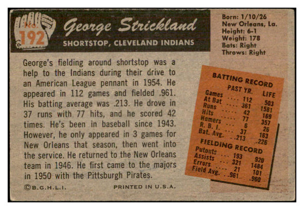 1955 Bowman #192 George Strickland Indians Signed Autographed 534644