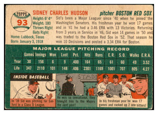 1954 Topps Baseball #093 Sid Hudson Red Sox EX 534726