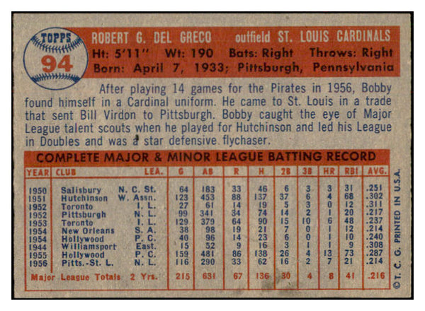 1957 Topps Baseball #094 Bobby Del Greco Cardinals NR-MT 534887