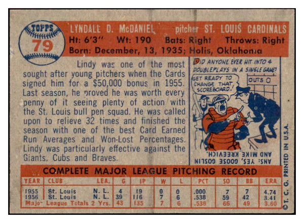 1957 Topps Baseball #079 Lindy McDaniel Cardinals NR-MT 534888