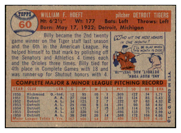 1957 Topps Baseball #060 Billy Hoeft Tigers NR-MT 534891