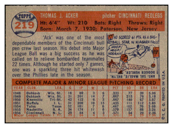1957 Topps Baseball #219 Tom Acker Reds NR-MT 534894