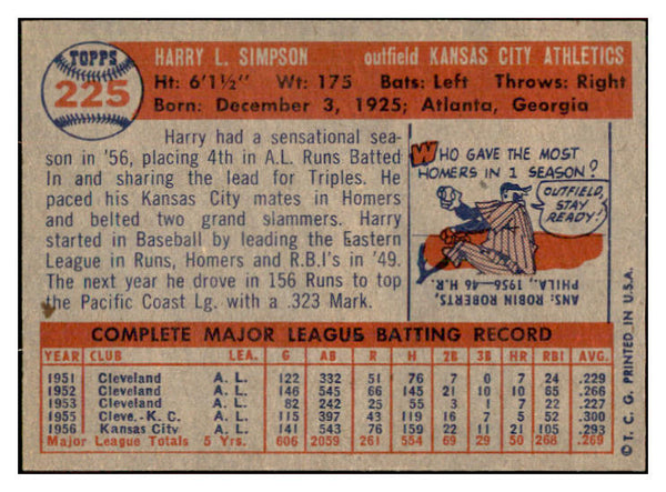1957 Topps Baseball #225 Harry Simpson A's NR-MT 534898