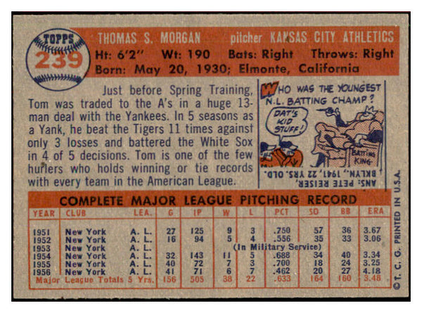 1957 Topps Baseball #239 Tom Morgan A's NR-MT 534903