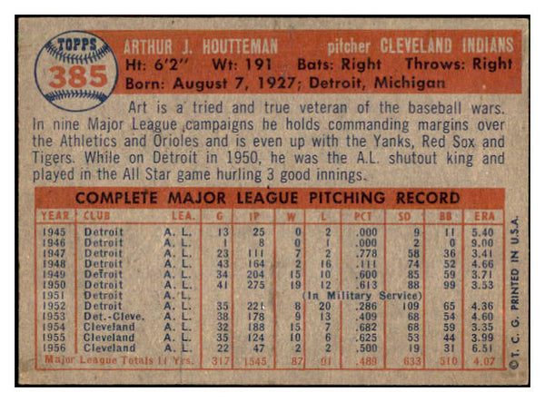 1957 Topps Baseball #385 Art Houtteman Indians NR-MT 534911