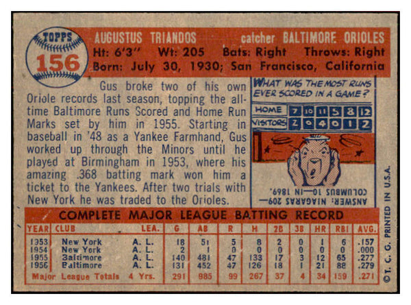 1957 Topps Baseball #156 Gus Triandos Orioles EX-MT 534938