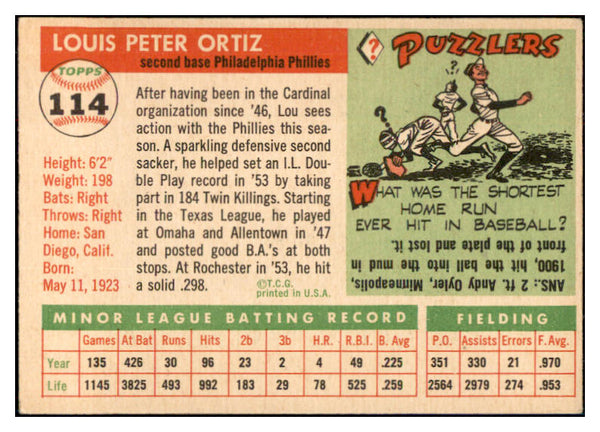 1955 Topps Baseball #114 Lou Ortiz Phillies EX-MT 534958