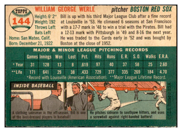 1954 Topps Baseball #144 Bill Werle Red Sox EX-MT 535013
