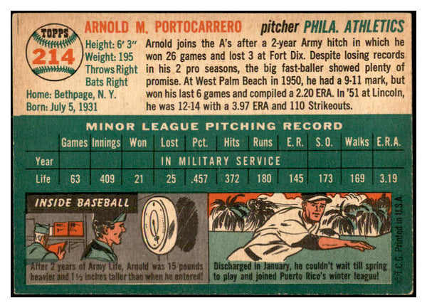 1954 Topps Baseball #214 Arnie Portocarrero A's EX-MT 535037