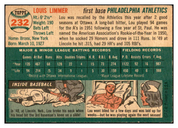 1954 Topps Baseball #232 Lou Limmer A's EX-MT 535045