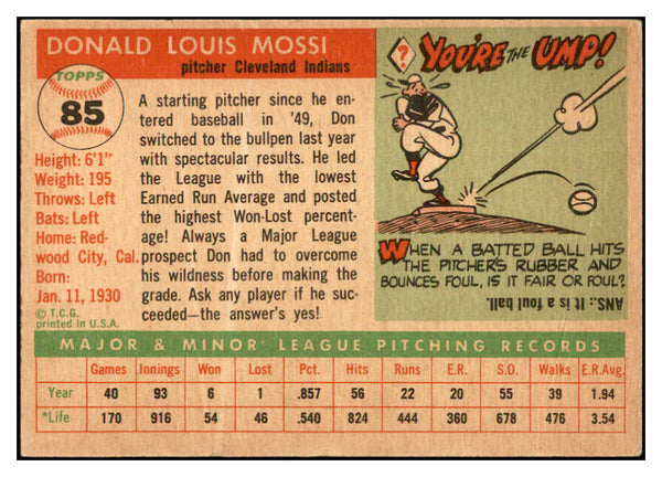 1955 Topps Baseball #085 Don Mossi Indians EX-MT 535062